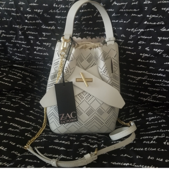 NWT! Zac Posen Brigete Leather Buckle Pocket Perforated Lace Bag Dove MSRP: $398 - Picture 2 of 9